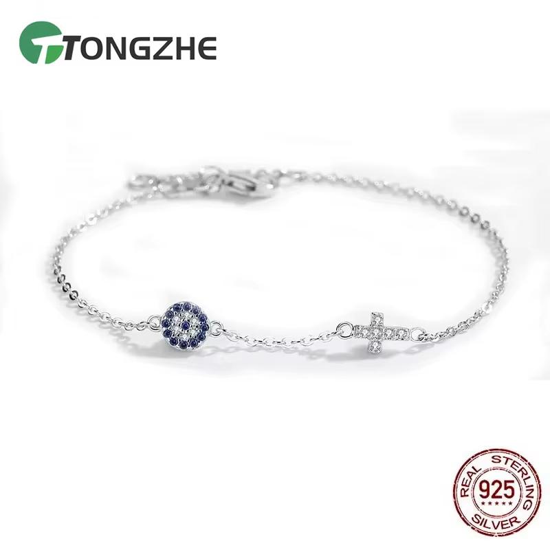 TONGZHE 925 Silver Hamsa Lucky Evil Eye Cross Bracelet Wonder Women Small Blue Cystal Stones Fine Wedding Jewelry