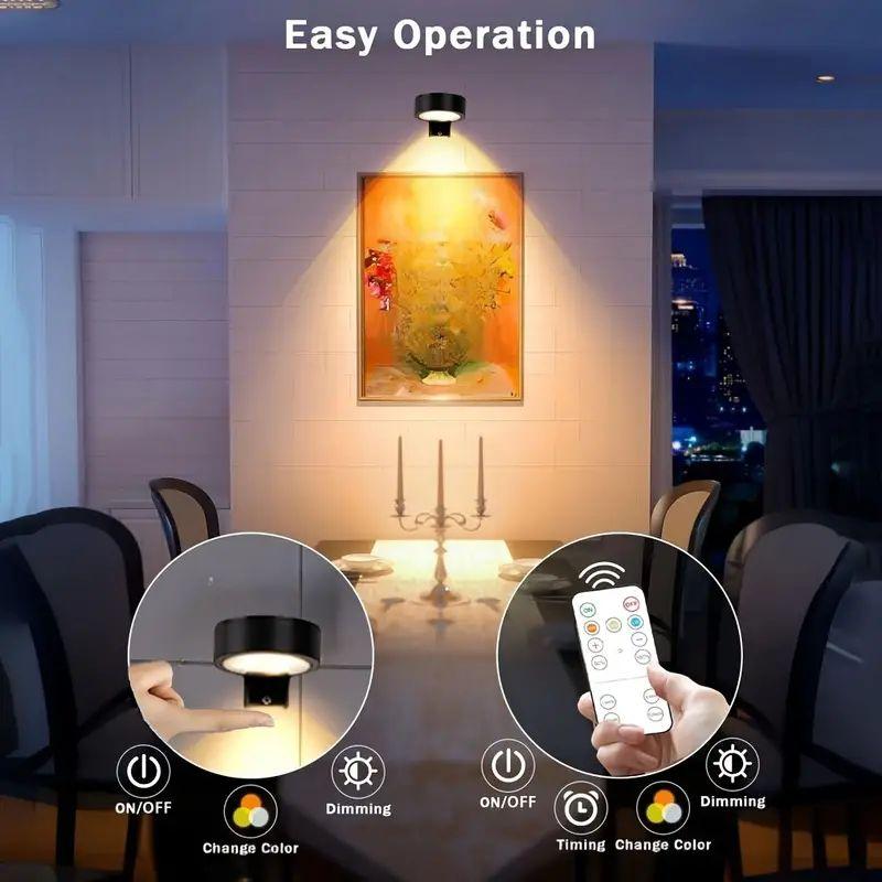 3Pcs Battery Operated Picture Light For Wall LED Painting Light With Remote Dimmable And Timer Wireless Wall Decor Puck Lights