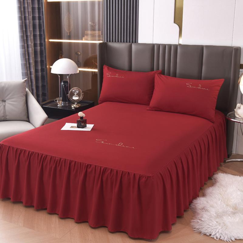 Solid Color New Light Luxury Simple Embroidered Single Bed Skirt Bed Sheet Non-slip Bedspread Four Seasons Princess Style Single Piece