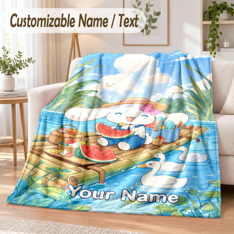 Cinnamoroll Custom Name Flannel Throw Blanket Soft Warm for Sofa Bed Indoor Home Use