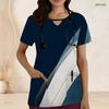 Women Plus Size Geometric Printed Scrub Top Keyhole Neck Short Sleeve With Front Pockets