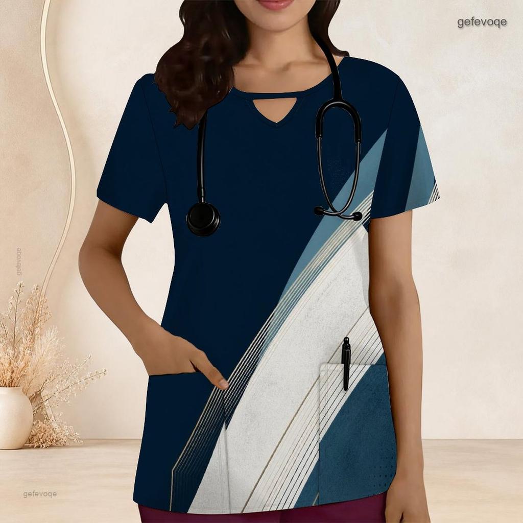 Women Plus Size Geometric Printed Scrub Top Keyhole Neck Short Sleeve With Front Pockets