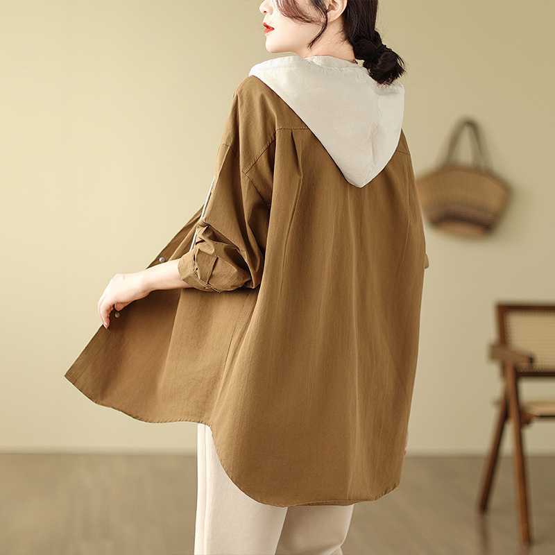 Casual Hooded Windbreaker Shirt Jacket Women's Loose Mid-length Blouse Hoodie