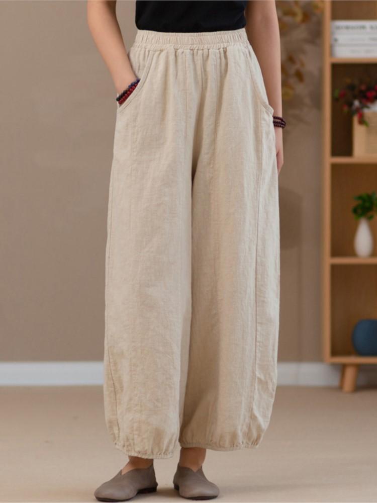 Women Linen Vintage Wide Johnature Leg Pants Elastic Waist Loose Spring Solid Color Pockets Patchwork Ankle Length Pants