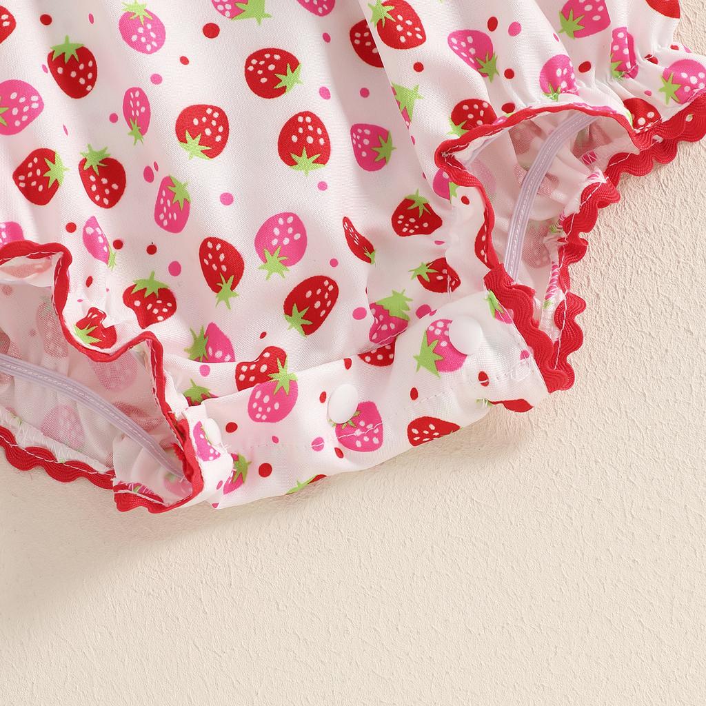 Детский комбинезон для девочек, без рукавов, с круглым вырезом, с принтом клубники, боди для младенцев, летняя одежда на каждый день