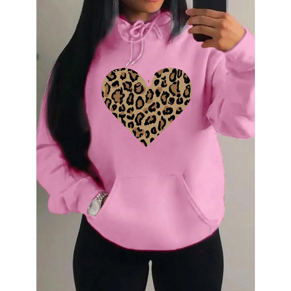 Простое худи с дизайном сердца с леопардовым принтом для женщин, оверсайз, флисовое, осеннее, хип-хоп, спортивная одежда, модная одежда