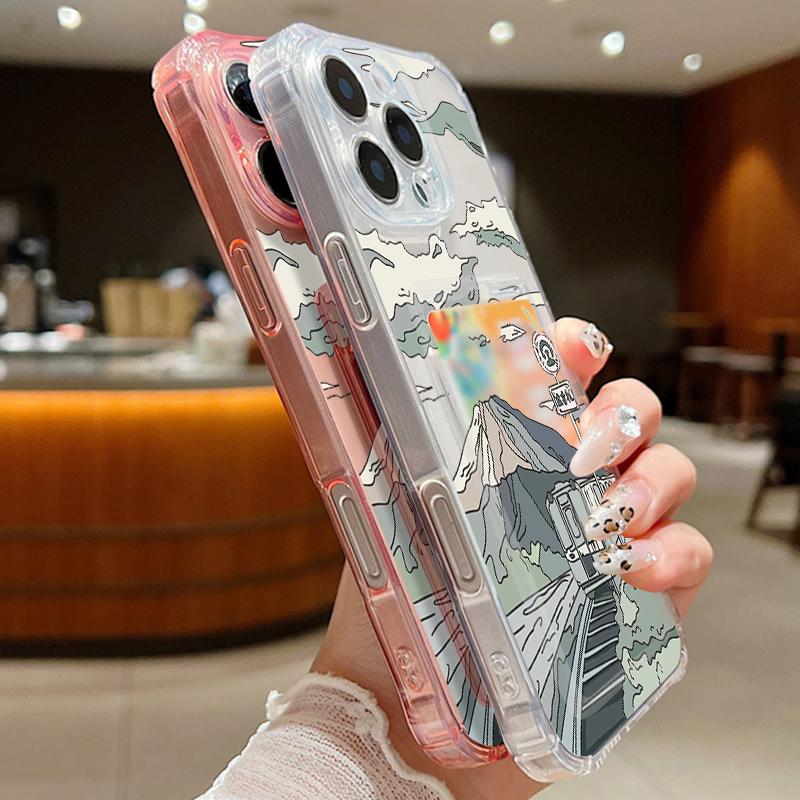 Чехол для телефона с прозрачным слотом для карт с рисунком в виде мультяшных гор для iPhone 16 Pro Max 15 Pro 14 13 12 11, мягкий силиконовый прозрачный противоударный тонкий чехол-бампер