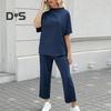 2 Pcs/Set Women Top Pants Set Half-high Collar Mid Sleeves Blouse Wide Leg Elastic Waist Trousers with Pockets Daily Leisure Loose Outfit