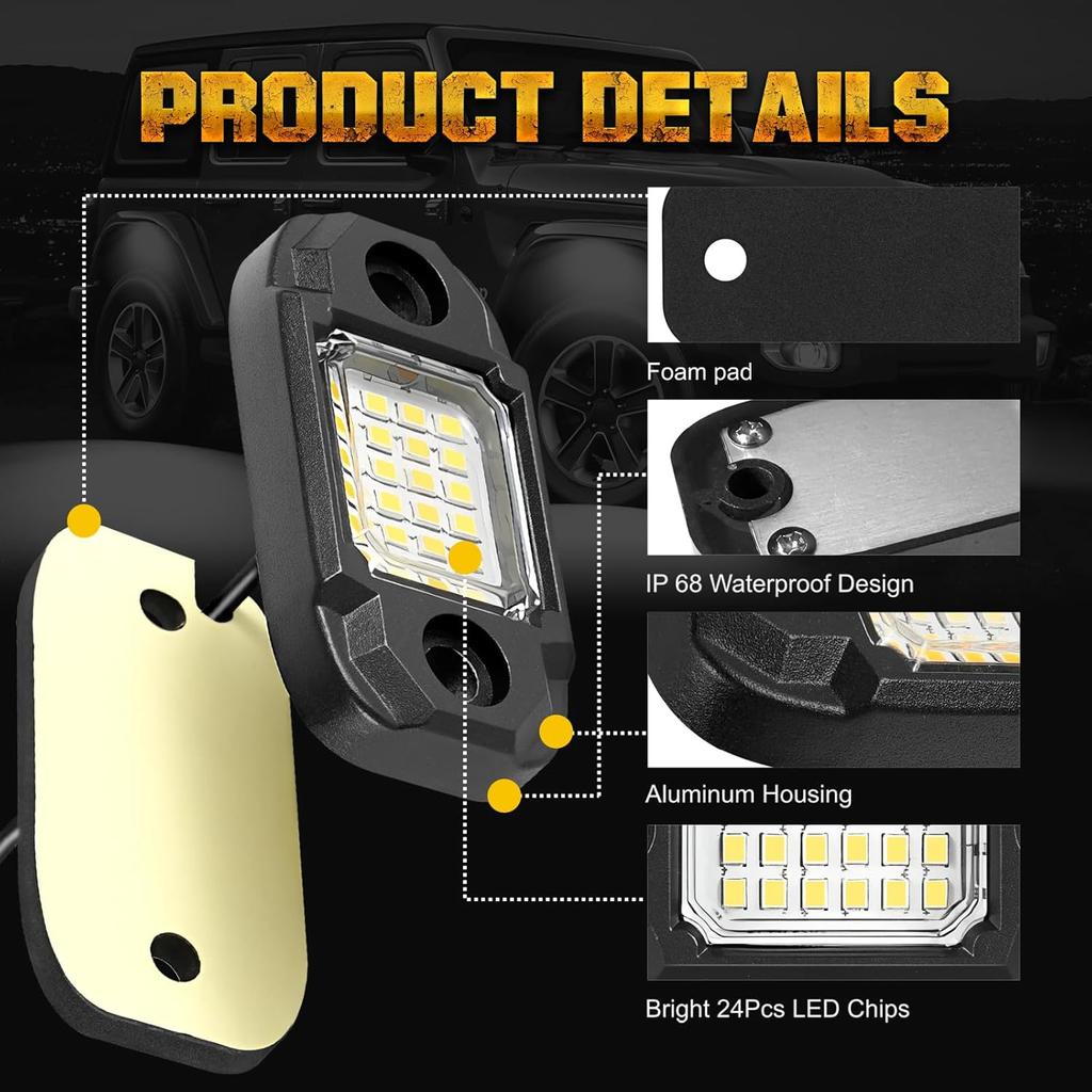 6Pods White Rock Lights 24 LEDs Chips Neon Trail Rig Lamp Underglow Lighting For Cars Trucks SUV ATV UTV Boats (White)