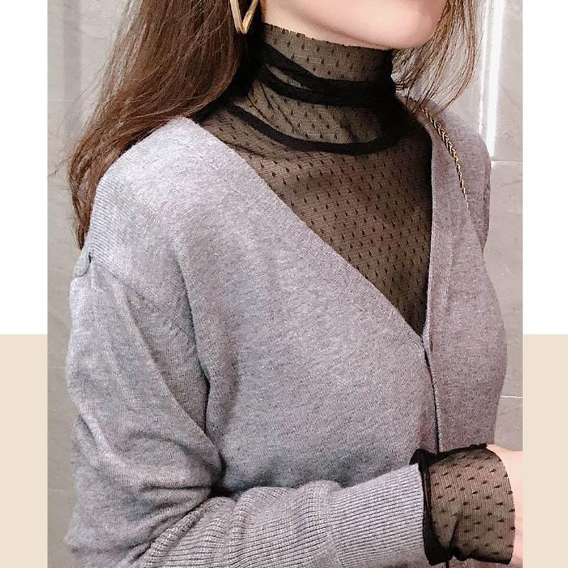 Sexy Inner Mesh Bottoming Shirt Women's Autumn and Winter Thin Tight-fitting Transparent Gauze High-neck Gauze Lace Top