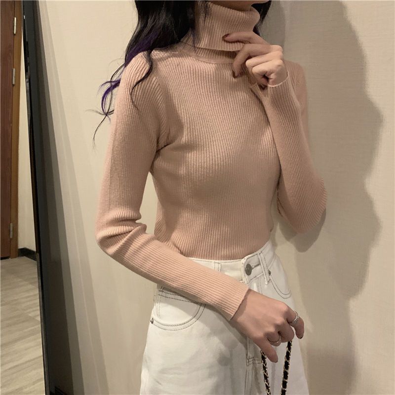 Turtleneck Pullovers Sweaters Women Autumn Winter Knitted Shirts Solid Color Long Sleeve Slim-fit Tight Jumper Tops