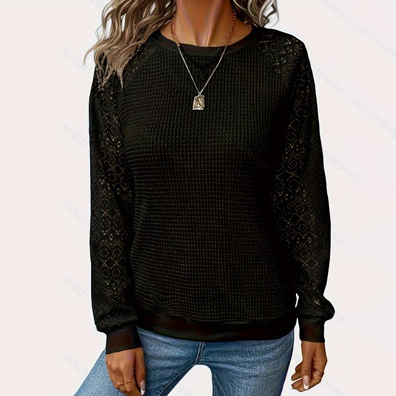 Ladies Autumn Winter Long Sleeve Round Collar Lace Hollow Solid Color Loose Pullover T Shirt Top