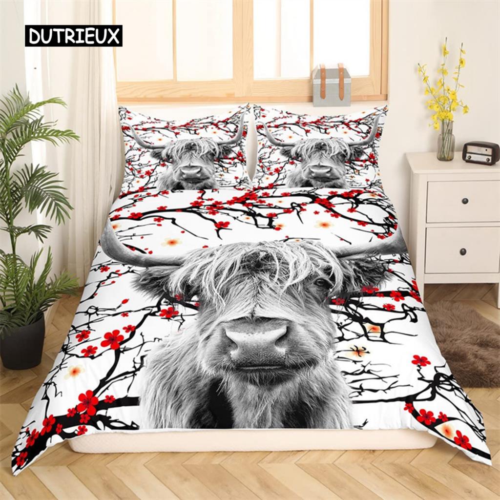 Пододеяльник с изображением коровы в стиле хайленд-коула, комплект постельного белья Western Farm Animal Full King для мальчиков и девочек, микрофибра, цветочный постельный комплект с изображением быка и крупного рогатого скота