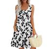 Women's Summer Leaf Print Fashion Casual Square Neck Sleeveless Dress With Pockets