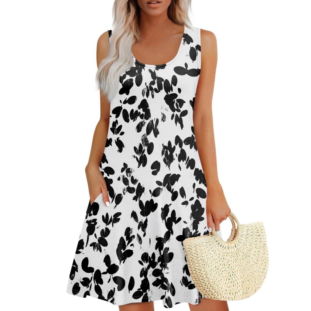 Women's Summer Leaf Print Fashion Casual Square Neck Sleeveless Dress With Pockets