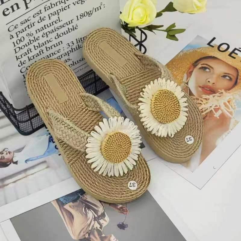 Ethnic Braid Women's Hemp Sandals Trendy Outdoor Flip-Flops Fashionable Flower Beach Toe Post Slippers