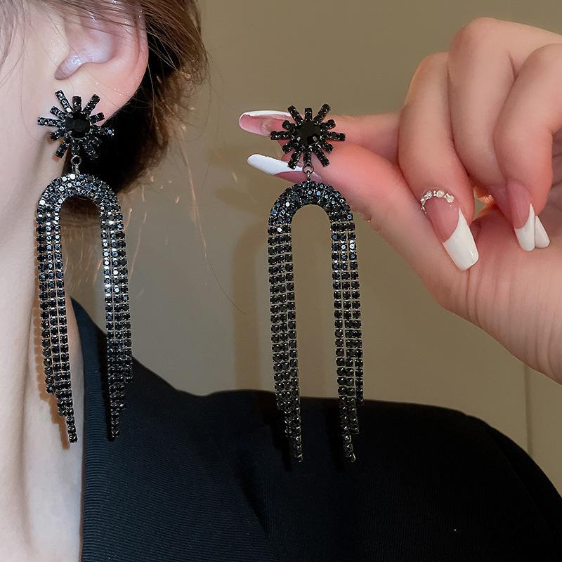 Silver Needle Feather Fringed Earrings Long Light Luxury Atmospheric Stud Earrings Personalized Design Earrings