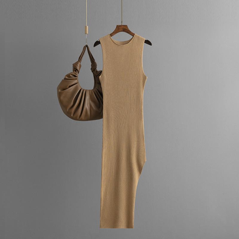 Женское осеннее винтажное сексуальное вязаное платье с открытой спиной и высокой талией, тонкое платье с разрезом