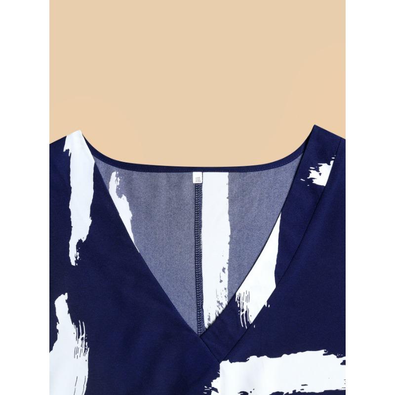 Женское платье свободного кроя с V-образным вырезом и короткими рукавами