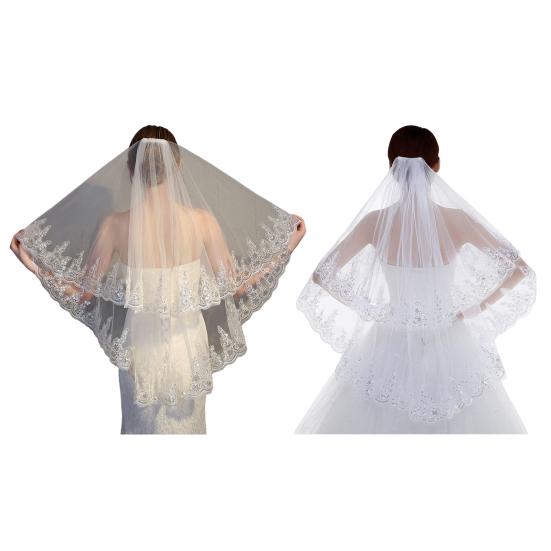 Женская двухслойная кружевная фата с противоскользящим гребнем и пайетками по краю из тюля