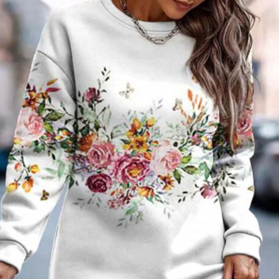 Women Fall Winter Sweartshirt Dress Flower Print Round Neck Long Sleeve Loose Pullover Thick Warm Mid Length Elastic Cuff Lady Spring Mini Dress
