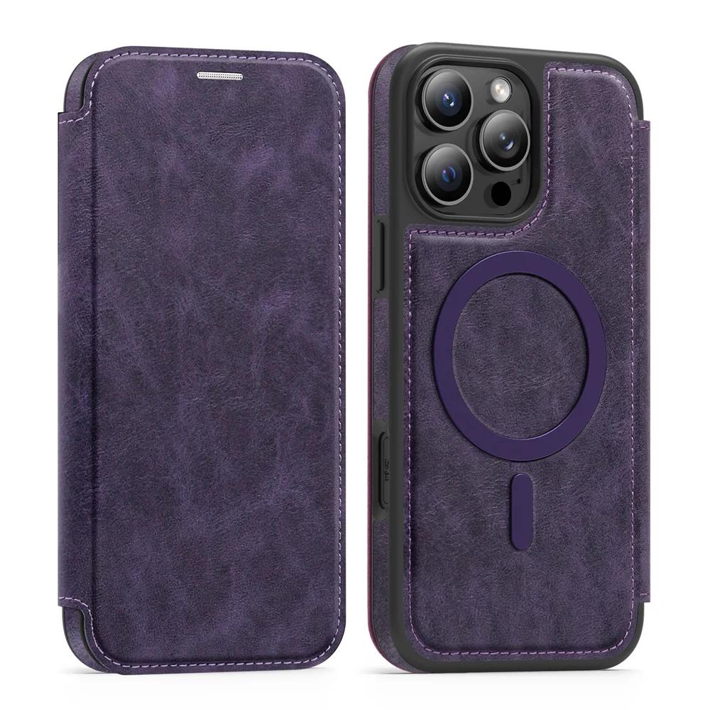 Для кожаного чехла-книжки MagSafe для iPhone 16E 16 15 Plus 14 13 12 11 Pro Max, кошелек с блокировкой RFID и держателем для карт, чехол