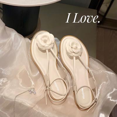 Летние женские сандалии, модные брендовые туфли на плоской подошве, дизайн с цветочной лентой, черный, белый цвет