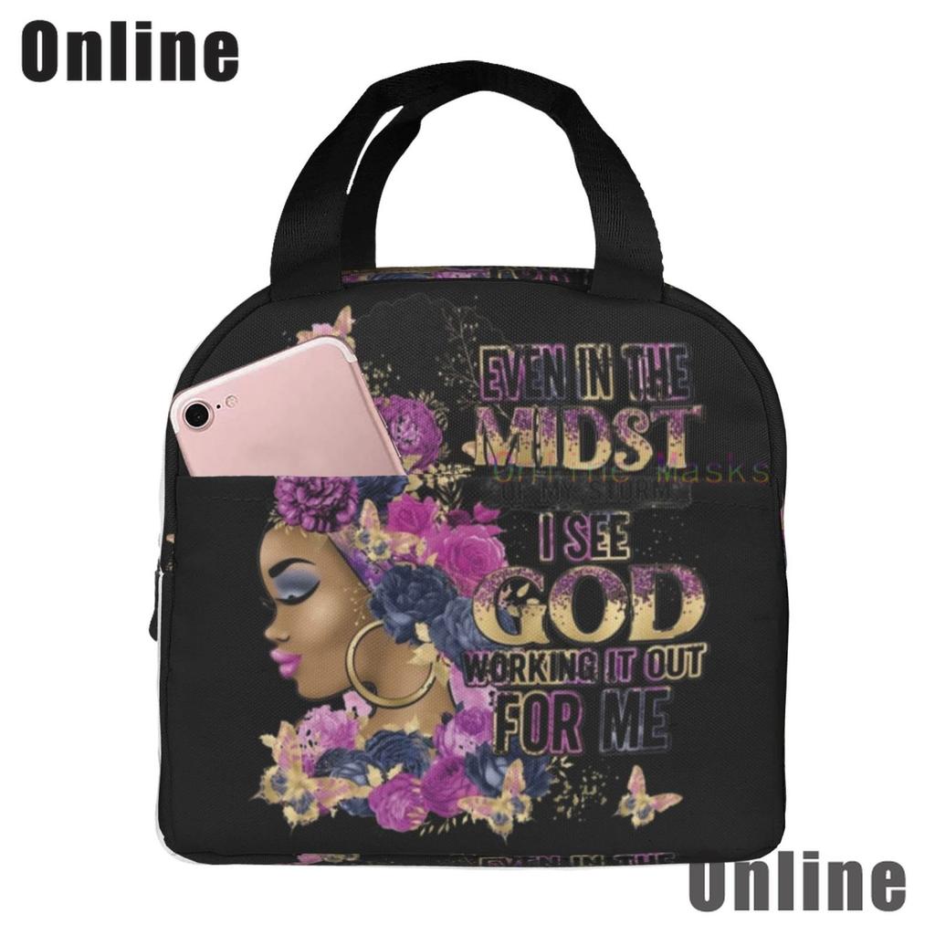 African American Black Girl Lunch Bag Compact Tote Bag Reusable Lunch Box Container For Women Men School Office Work