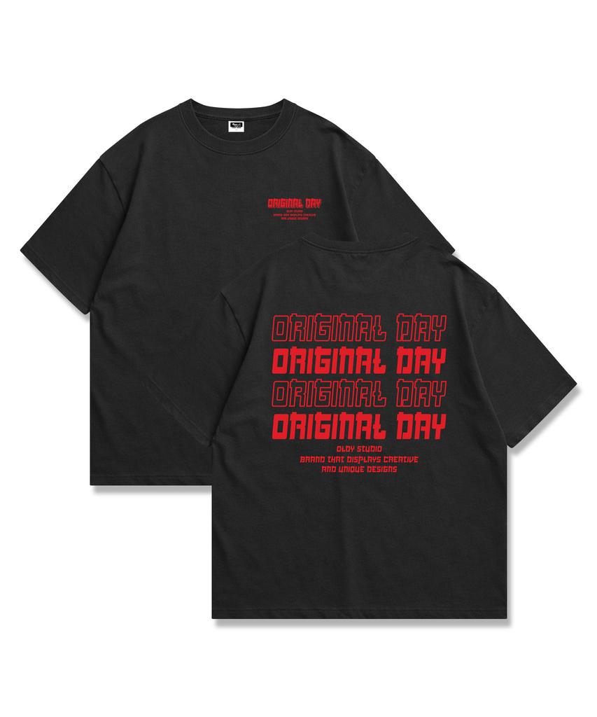 ORIGINALDAY Оригинальный Цветной Шрифт Оверсайз Футболка с Коротким Рукавом Унисекс Черный (красный)