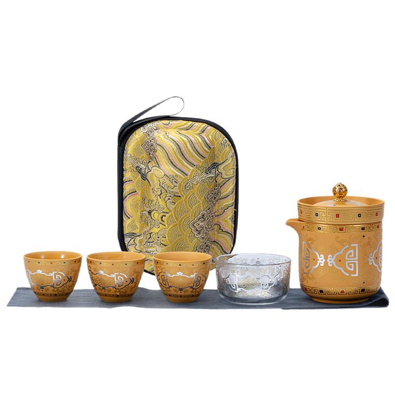 Dunhuang merchandise travel tea set, purple sand yellow mud, a pot of four cups of express cup creative business souvenir