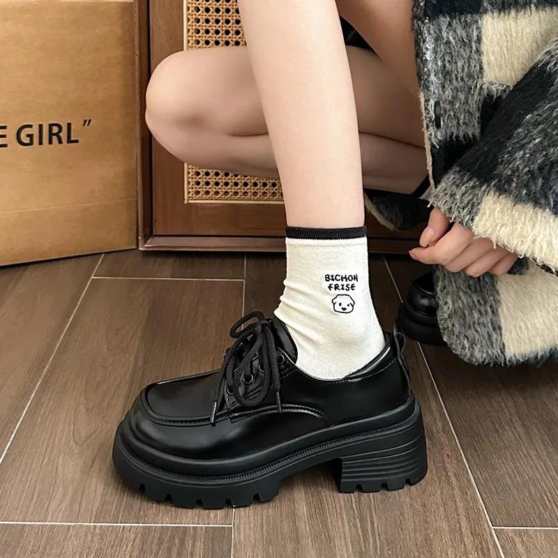 2024 Горячая Распродажа Женская Обувь Лоферы Женские Туфли На Высоком Каблуке Платформа Повседневные Туфли Женские Круглые Носки Средний Каблук Шнуровка Теплые Туфли Женские