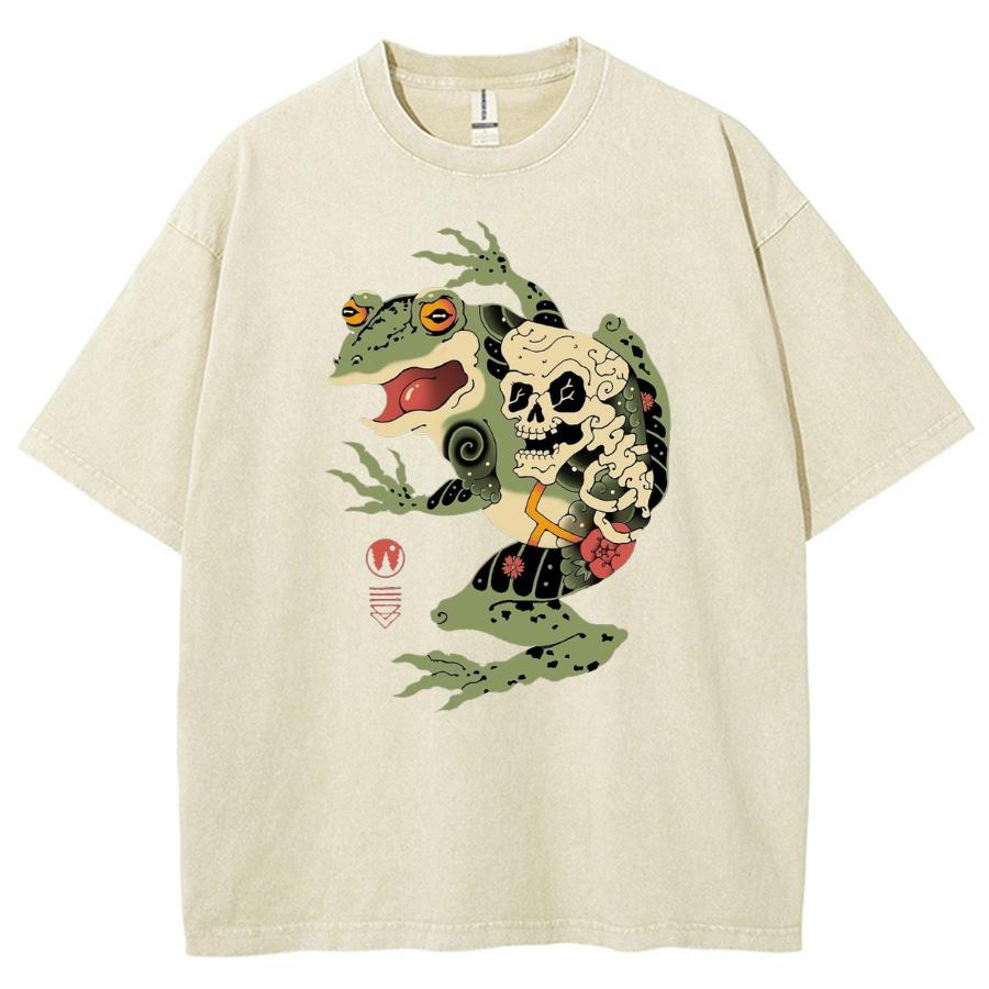 Винтажный принт с черепом лягушки, женская стираная футболка из хлопка, свободного покроя, со средним рукавом, унисекс, повседневный, забавный, модный топ