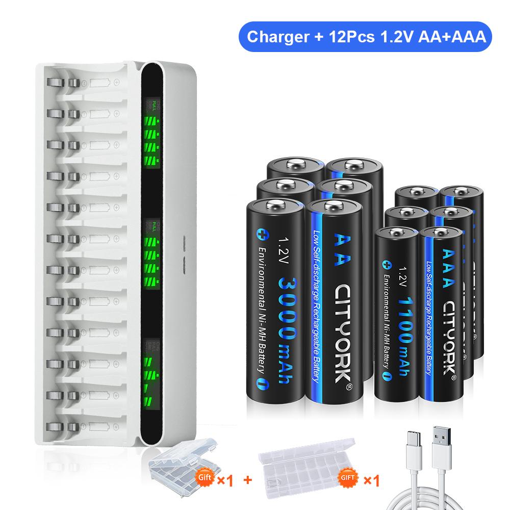 Charger and Battery Combo Kit 12 Slot Smart LCD USB/Type-C Hybrid 1.2V Battery Charger + 1.2V AA/AAA NiMH Rechargeable Battery