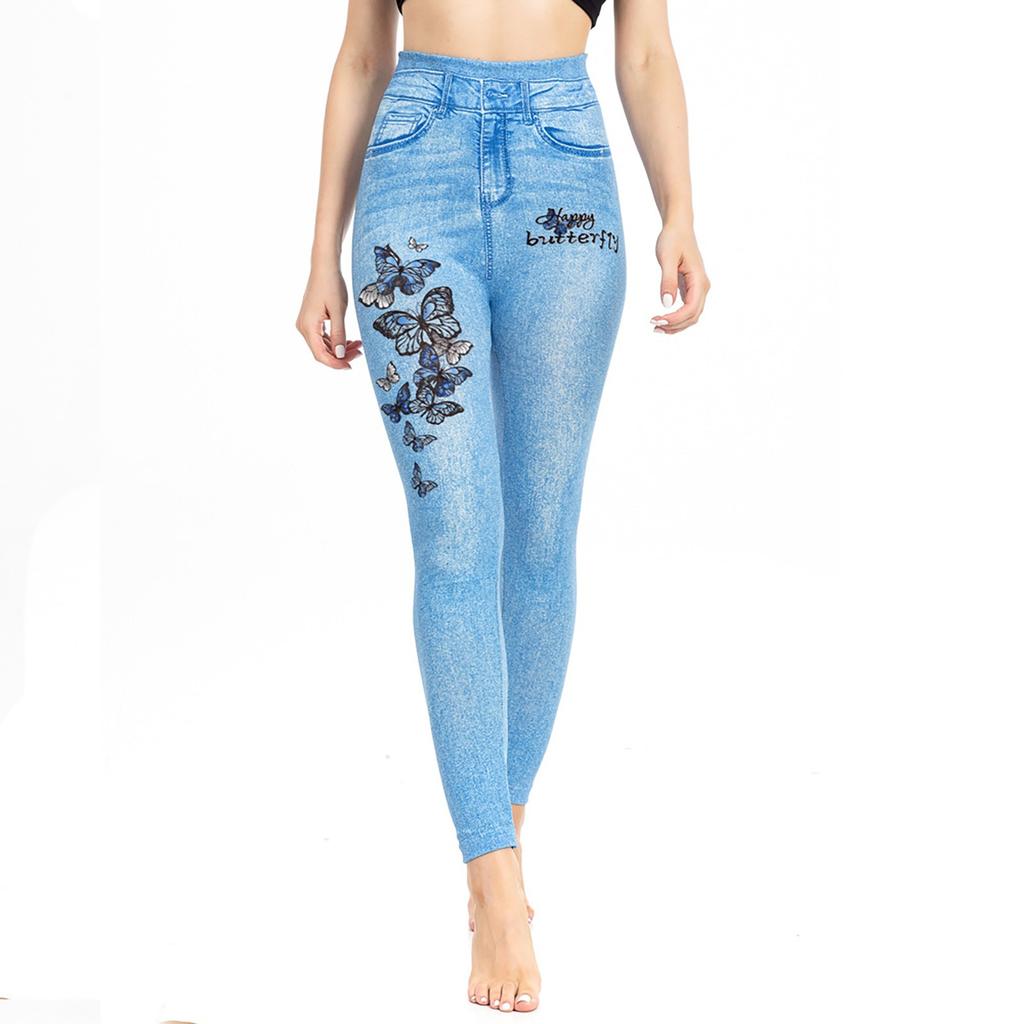 Женские облегающие повседневные спортивные штаны для йоги с эластичной резинкой на талии из имитации джинсовой ткани