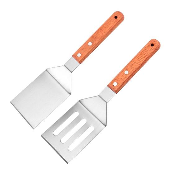 Stainless Steel Frying Spatula Set with Wooden Handle Heat Resistant Solid Turner
