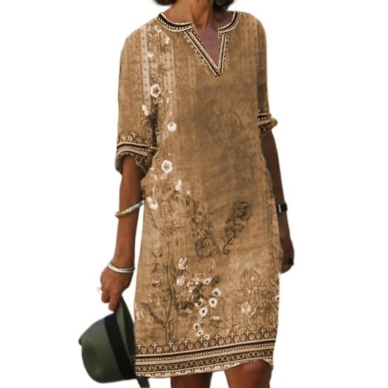 Женское платье в этническом стиле с v-образным вырезом длиной до колена, приятное на ощупь, свободное облегающее декоративное платье из полиэстера, весна-лето, женское непринужденное платье трапециевидной формы для женщин