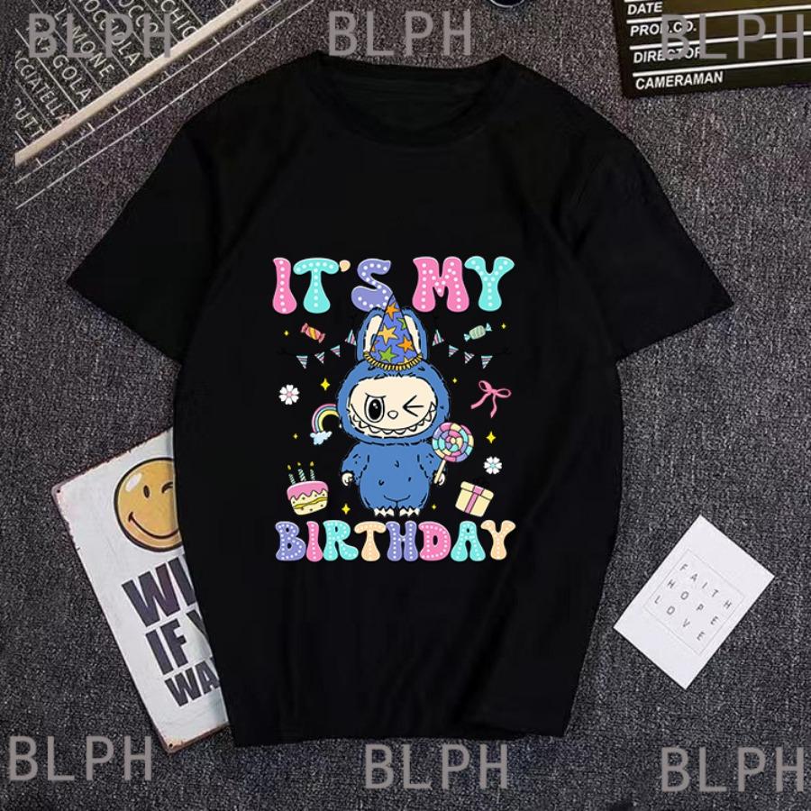 Летняя новая футболка с принтом Labubu для мужчин и девочек, детская футболка, с коротким рукавом, дышащая и впитывающая пот