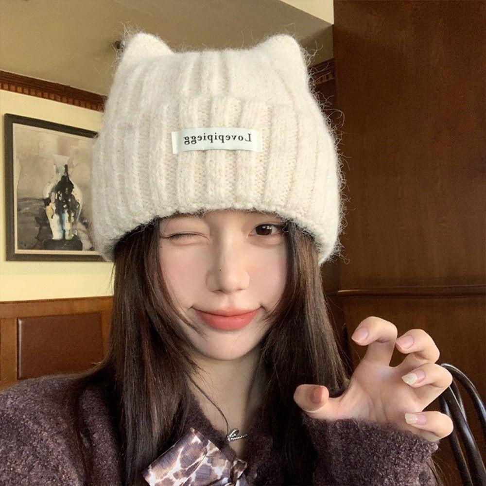 Windproof Beanie Hat Cat Ear Winter Bomber Cap Casual Knitted Woolen Cap  for Women