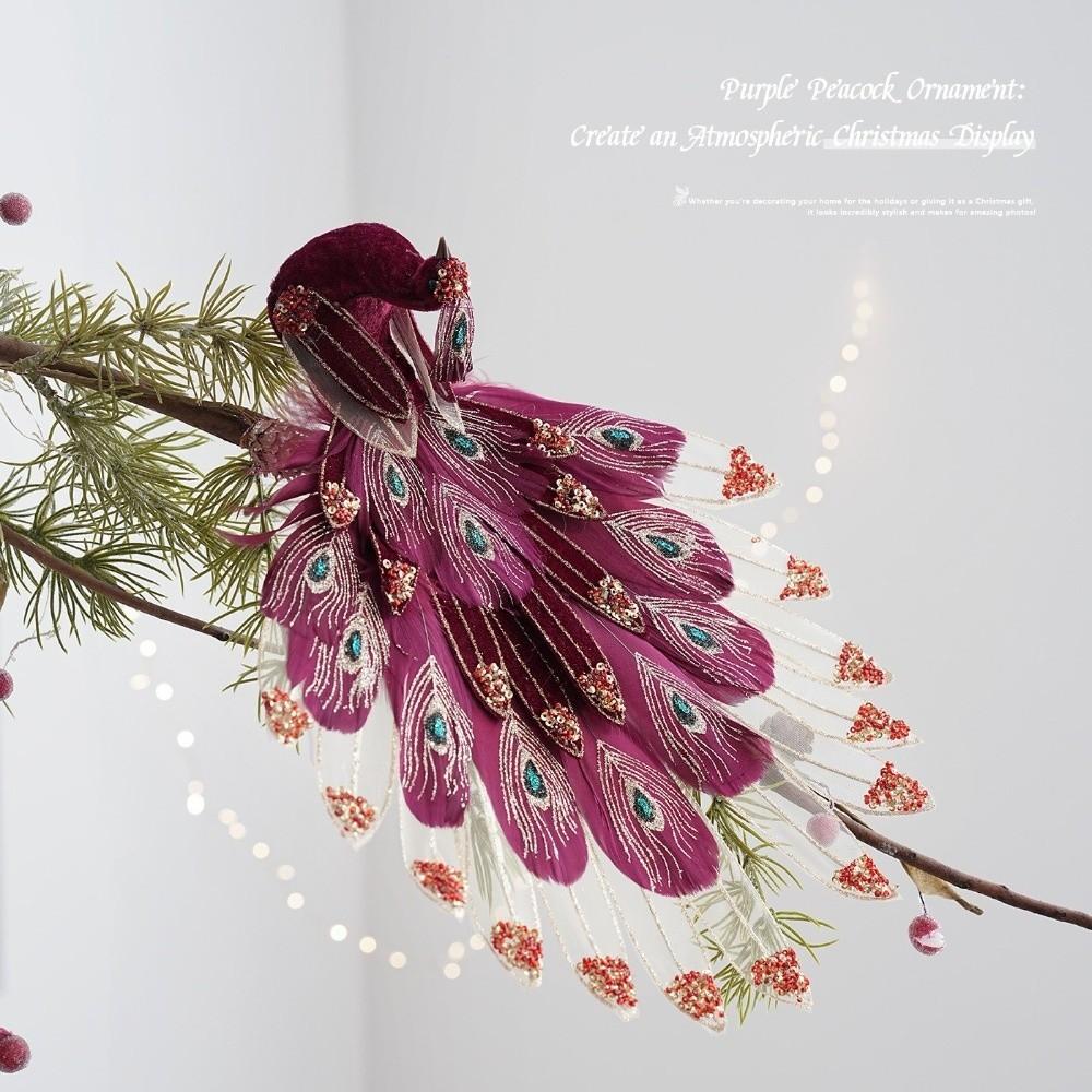 Fabric Feather Peacock Tree Decoration Glitter Accent Peacock Figurine Clip Holiday Branch Decor