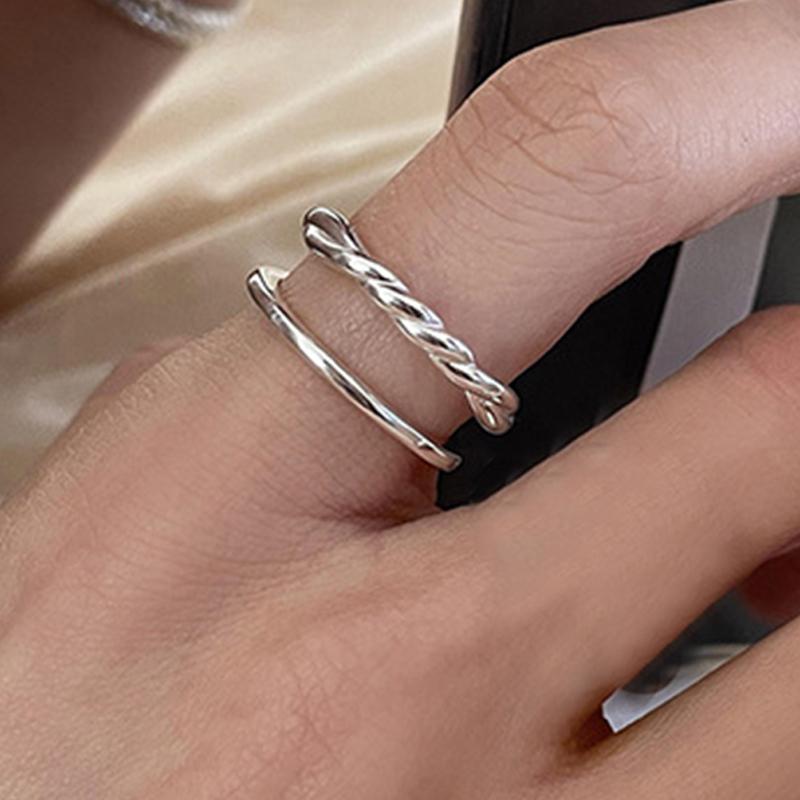 PANJBJ Кольцо из стерлингового серебра 925 пробы с двойным слоем для женщин и девушек Подарок Геометрия Ажурное Минимализм Модные ювелирные изделия Оптовая торговля