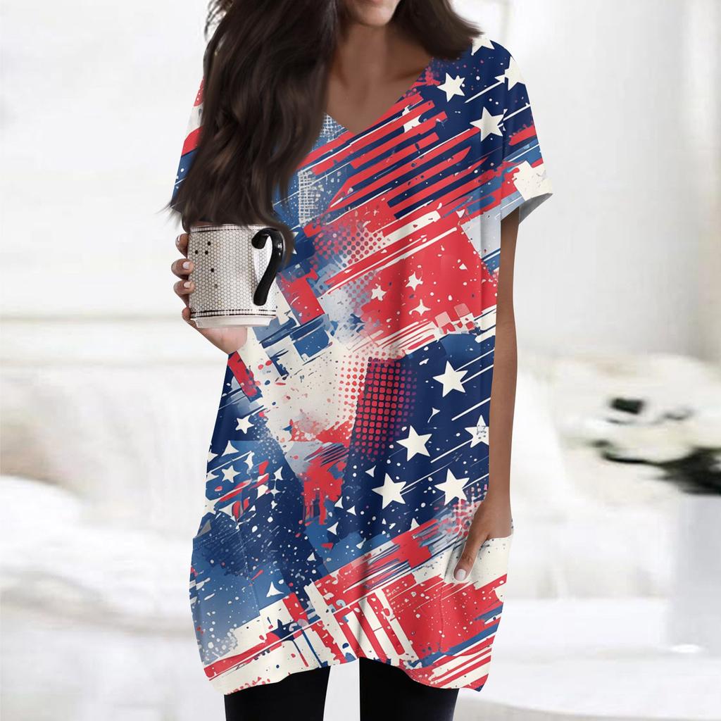 Женский топ с принтом флага Дня независимости, V-образным вырезом, карманом средней длины и коротким рукавом