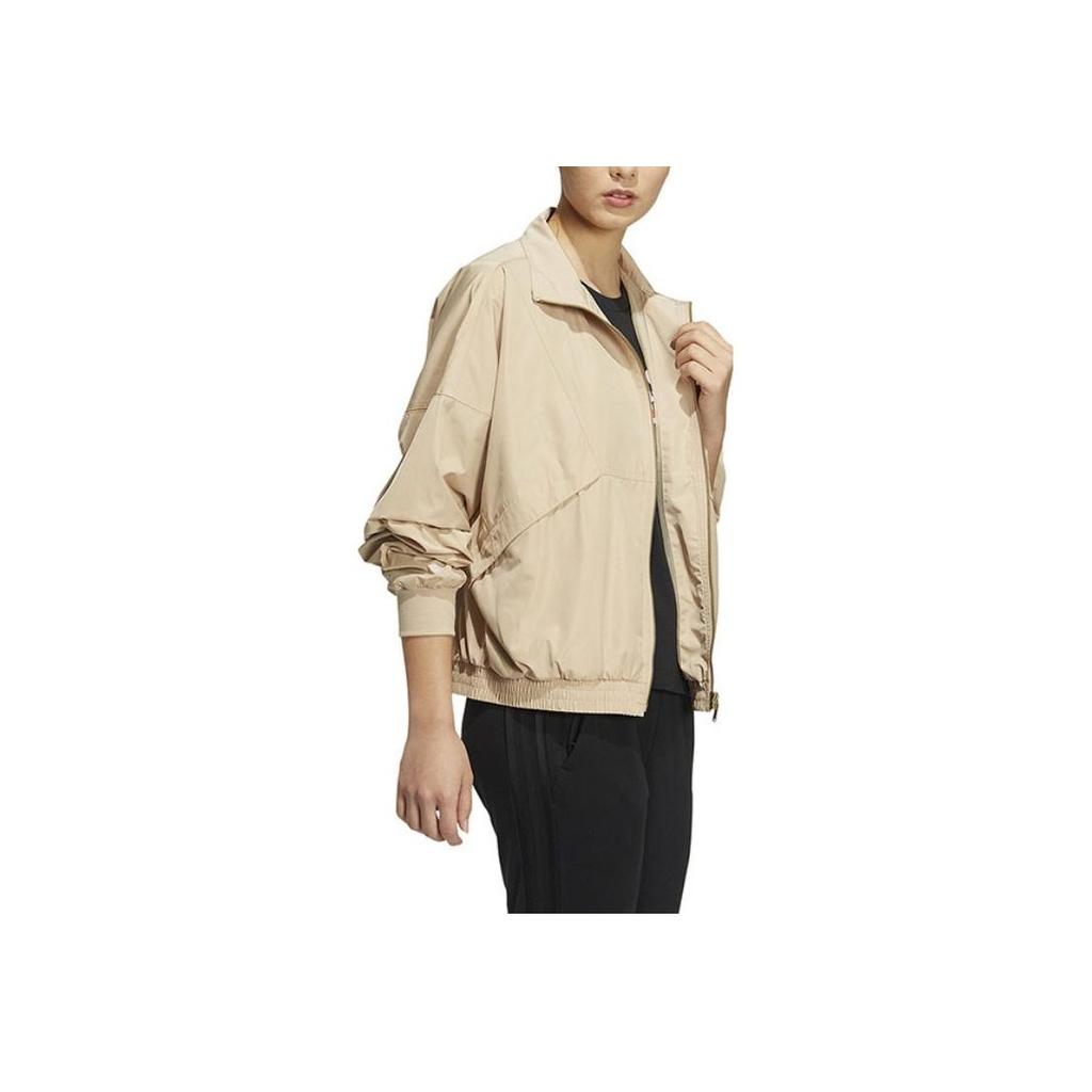 Adidas Back Letter Print Zip-Up Stand Collar Jacket Women Outerwear Khaki HZ7038