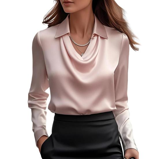 Women Shirt Lapel Swing Collar Long Sleeve Casual Loose Fit Shirt Solid Color Versatile Smooth Satin Shirt Daily Wear