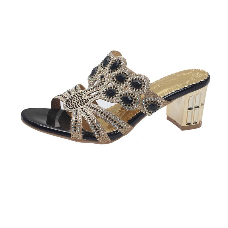 Fashion Summer Glitter Women Sandals Fashion Outdoor Peep Toe Casual Beach Slippers Thick Heel Slip On Rhinestone Woman Sandals Size 42