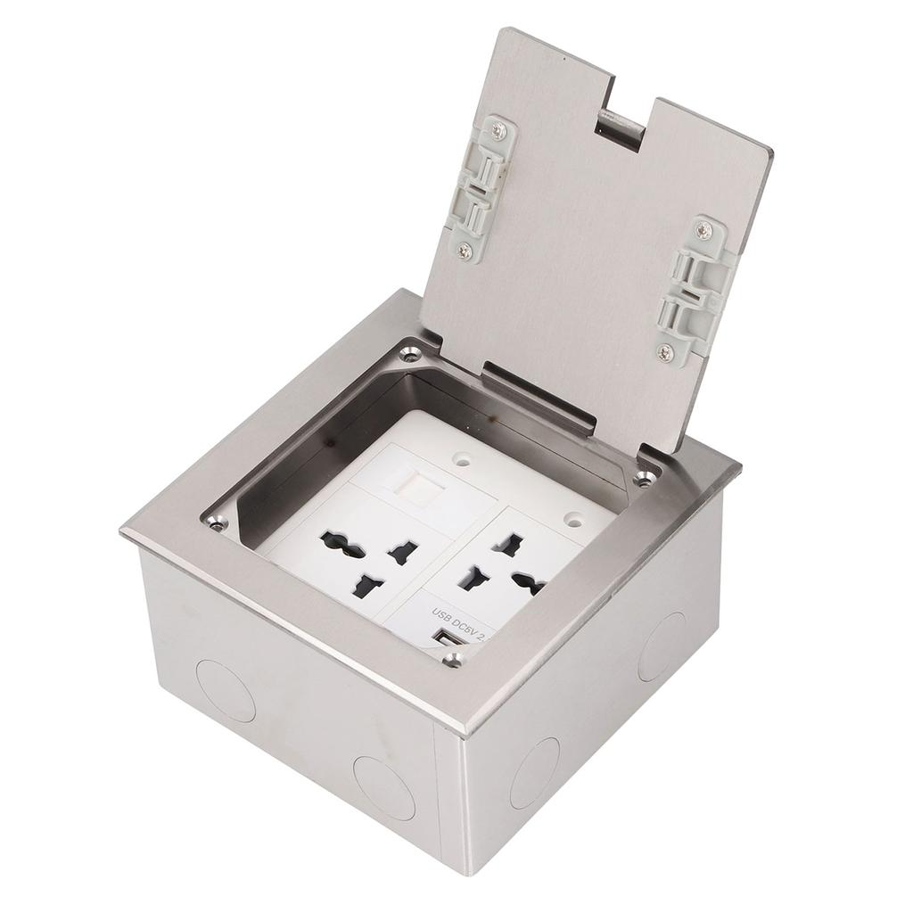 Recessed Floor Outlet Box Water Proof Stainless Steel Flat Socket 16A 2   3 Holes USB   Port Silver
