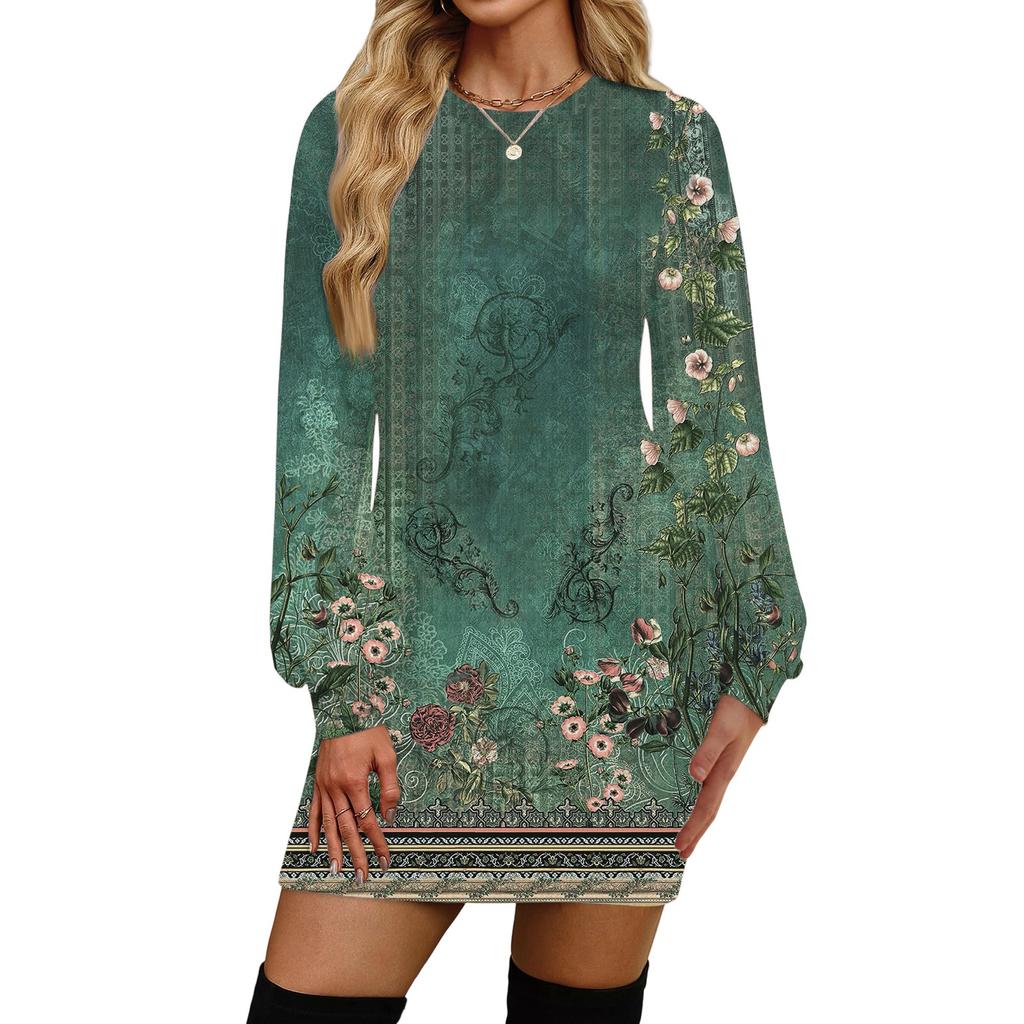 Женское модное повседневное платье с круглым вырезом и длинными рукавами