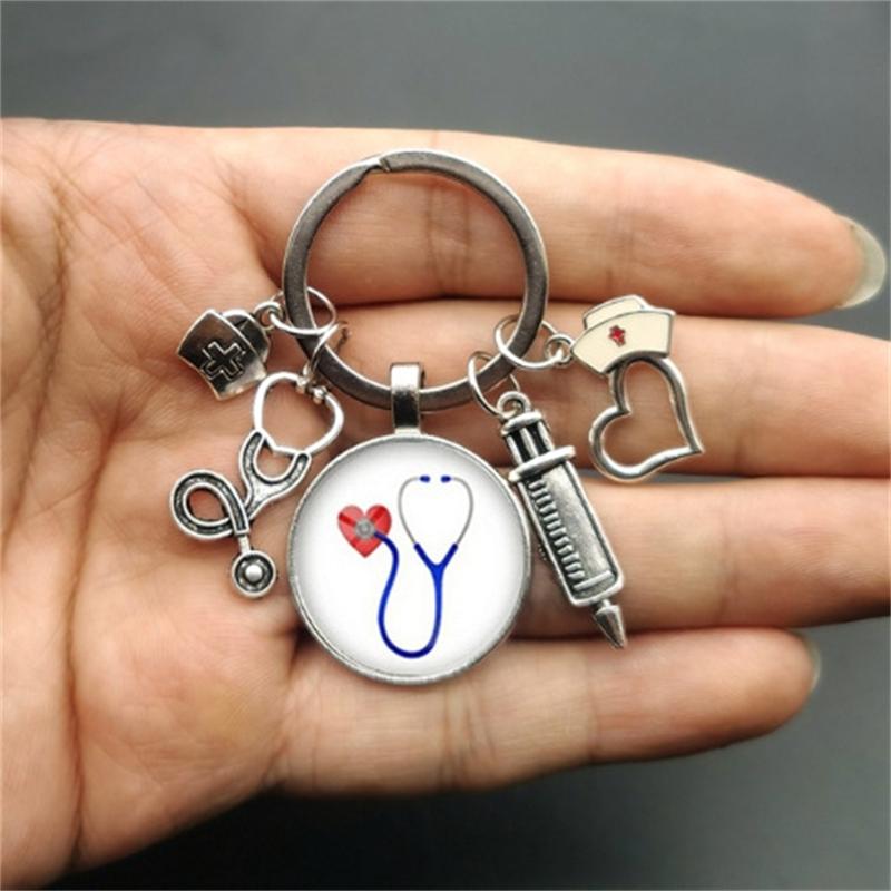 1Pc Nurse Medical Syringe Keychain Glass Key Ring Pendant Stethoscope Pattern Keychain Gift