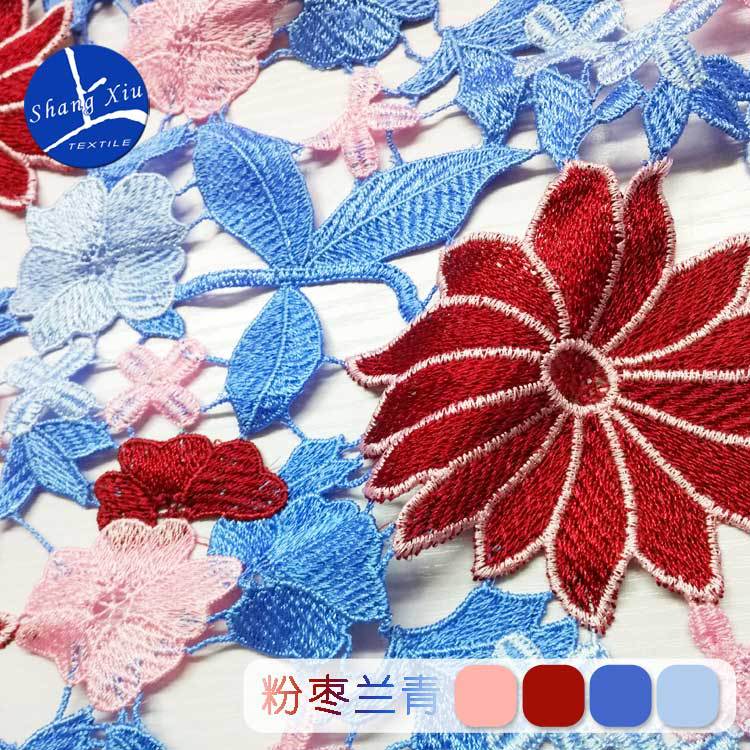Полиэстер Легкий шелк Многоцветная вышивка Ткань, Водорастворимое кружево Тяжелая промышленность Пряжа Окрашенная Красочная Полная ширина, Трехмерная Полая ткань