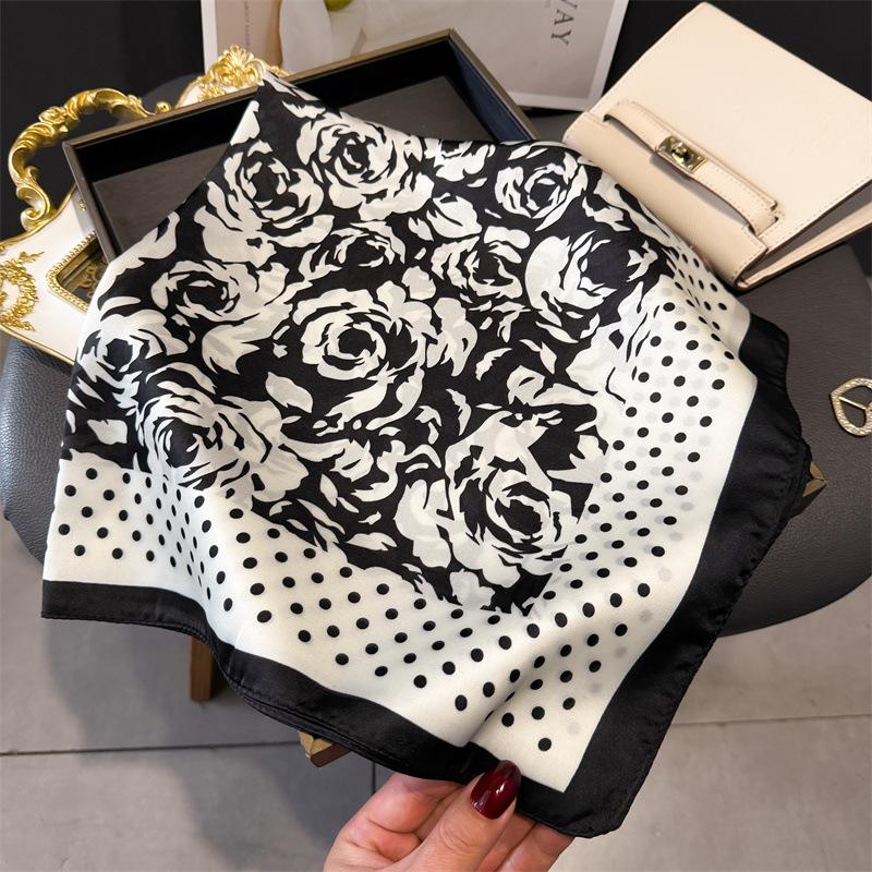 Romantic rose print silk scarf square scarf high-end sense versatile shawl sunscreen neck small square scarf headscarf women's scarf