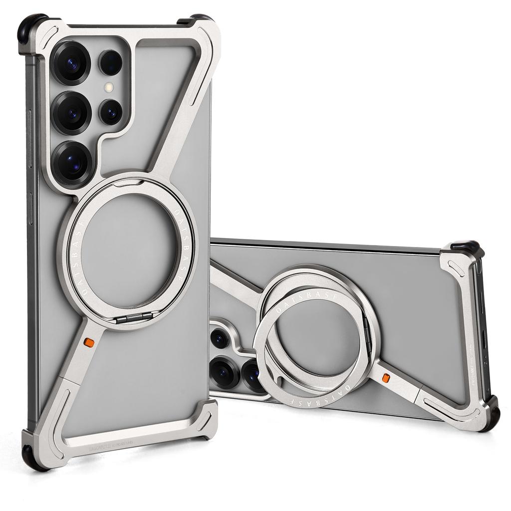 Oatsbasf Metal Frameless Phone Case for Samsung Galaxy S25 Ultra with 360° Rotatable Kickstand Magsafe Bumper Protective Covers